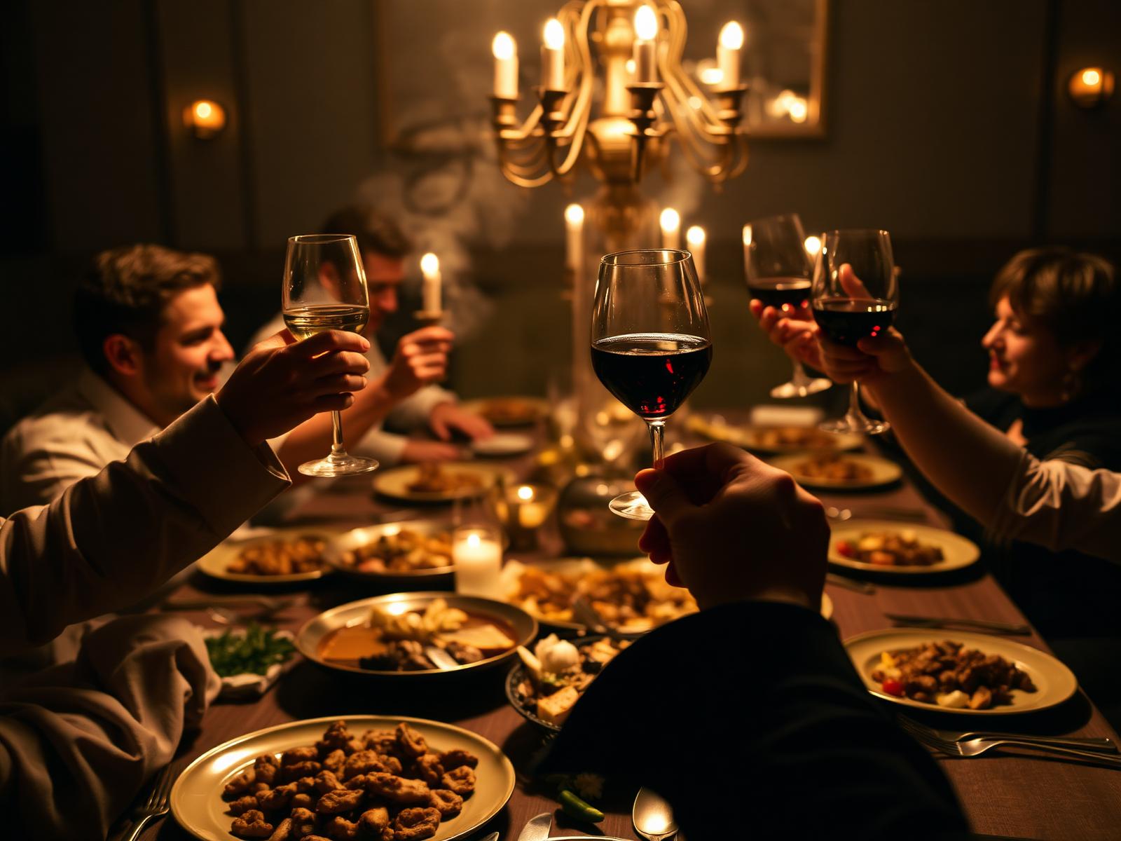 A warmly-lit table set for a celebration dinner
