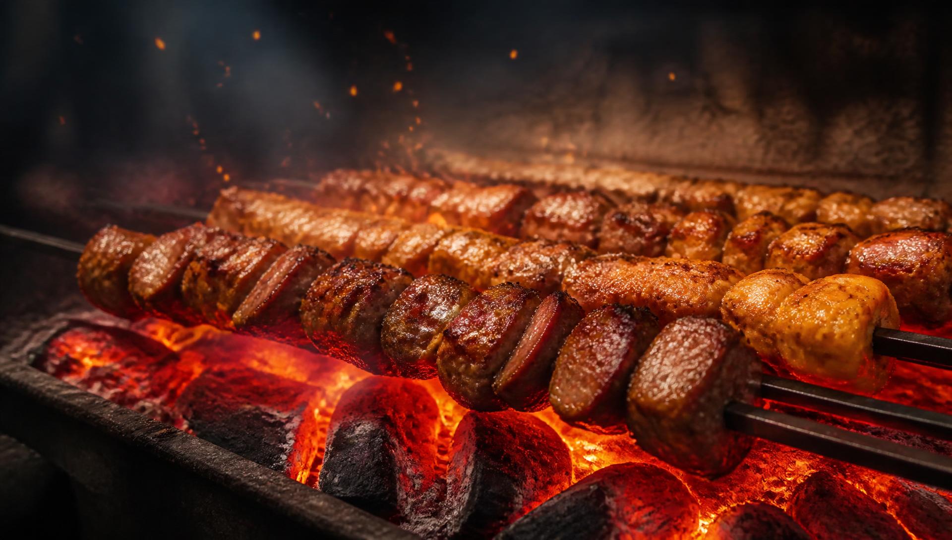 Skewers sizzling over glowing charcoal