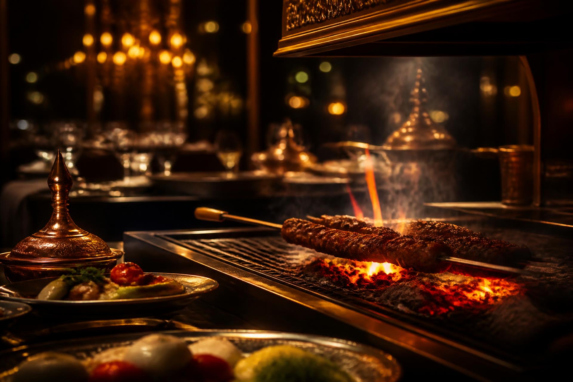 Charcoal grill glowing in a warm, golden-lit Turkish dining room