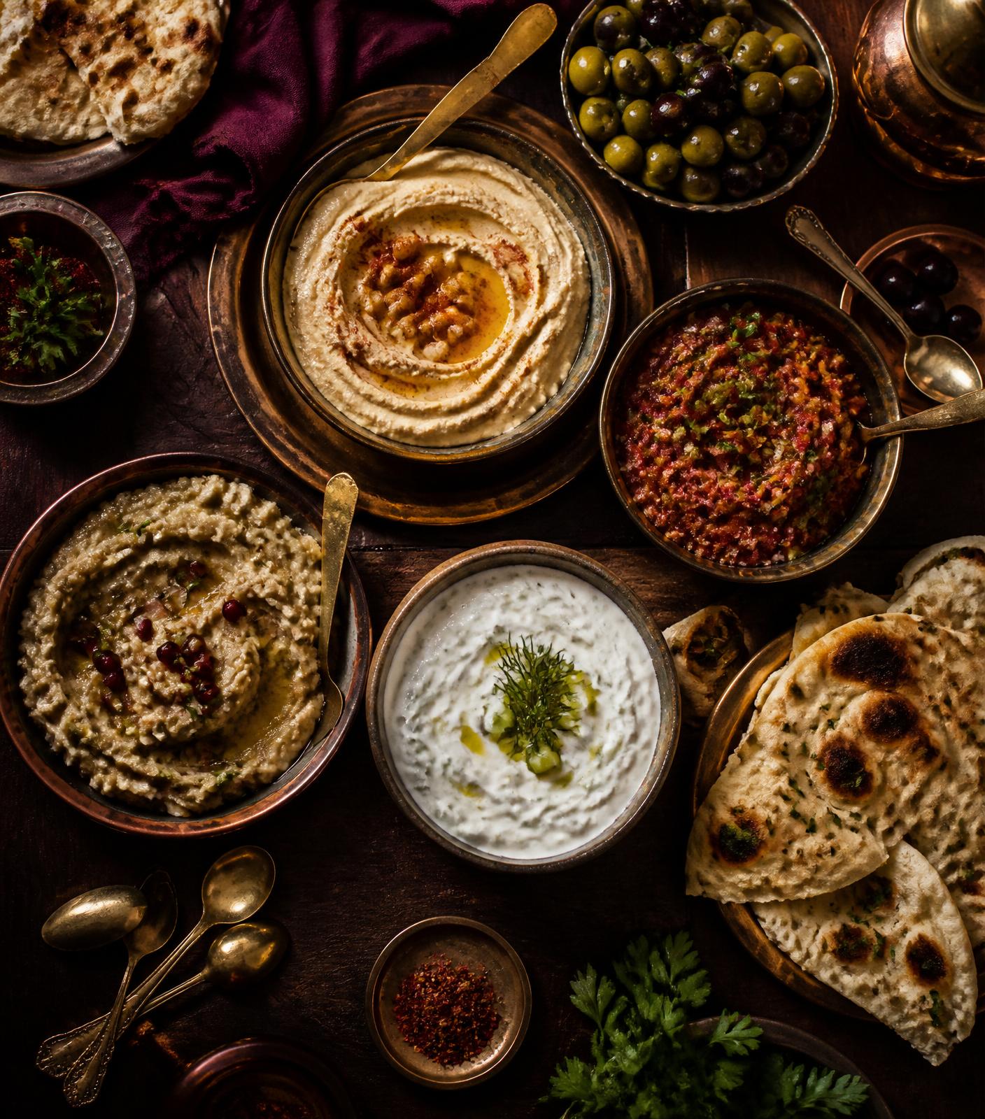 Overhead spread of Turkish meze